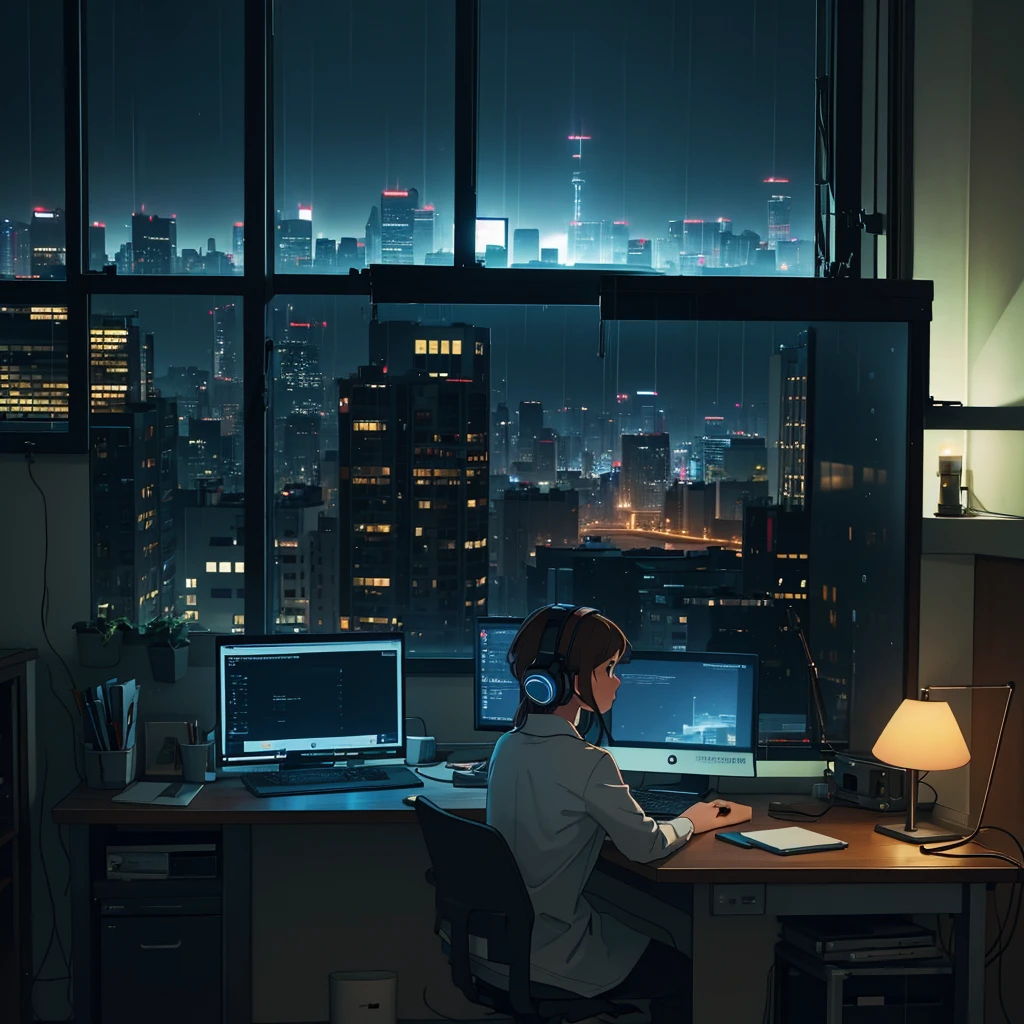 sitting at a desk in front of a computer, with their back to the viewer. The setting is at night, and the room is softly lit by the glow of the computer screen and a desk lamp. Outside the window, it’s raining, and city lights can be seen in the distance. The person is wearing headphones and appears to be focused on their work
