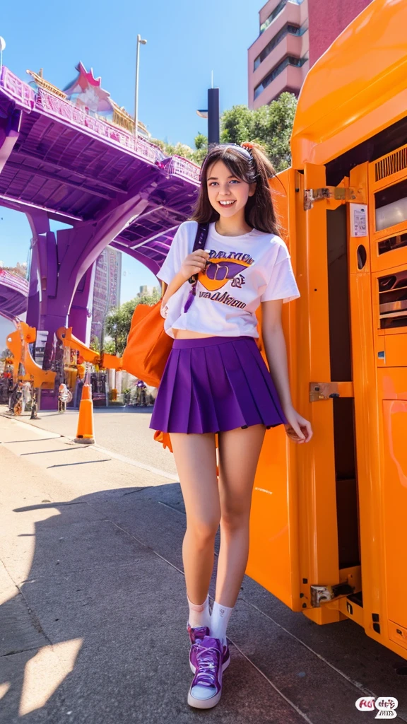 A 20-year-old girl who encourages fun, creativity and passion with orange and purple colors and that has letters that say: Ruizter.