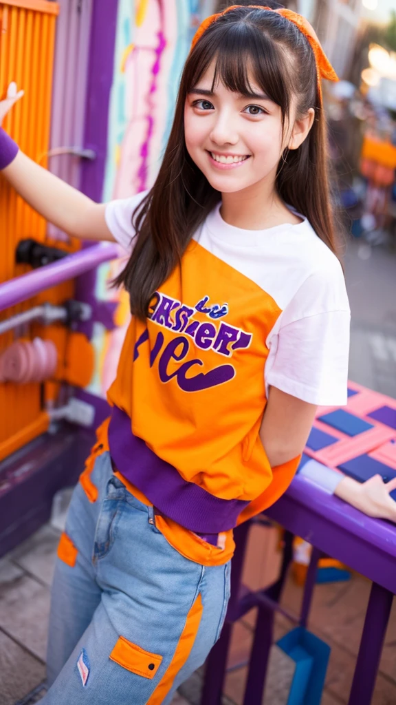 A 20-year-old girl who encourages fun, creativity and passion with orange and purple colors and that has letters that say: Ruizter.