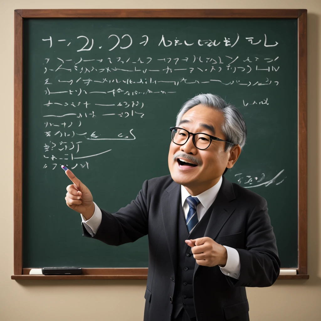 Japanese Male Professor, chalkboard, Talk about yourself, wisdom, chalk, actual, classroom,,Pixar style,color