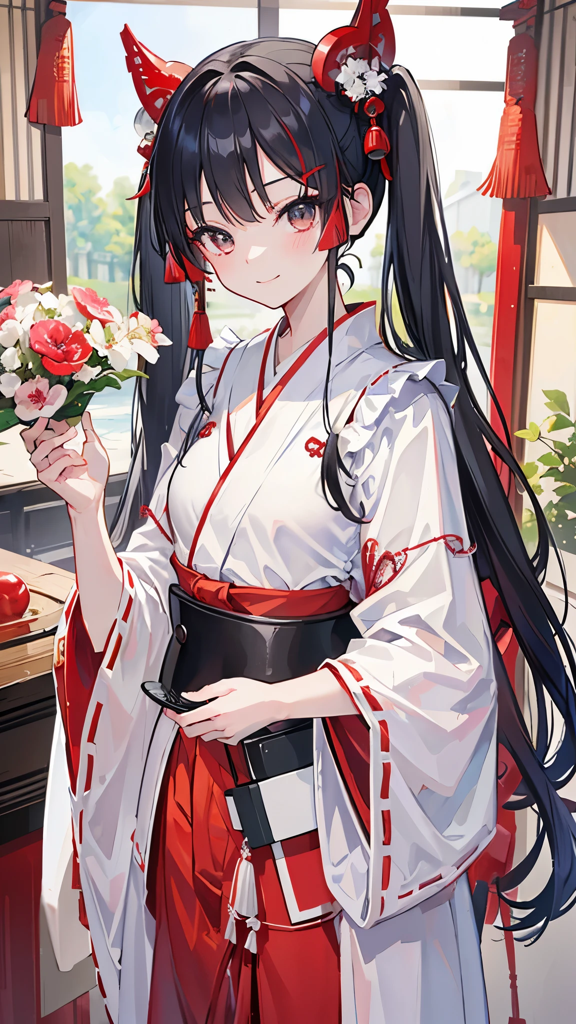 (masterpiece、Highest quality、Very detailed))、One girl、Black Hair、Long Hair、twintails、Grey Eyes、smile、Small breastiko、((White kimono))、((Red Hakama:1.3))、Cowboy Shot、shrine