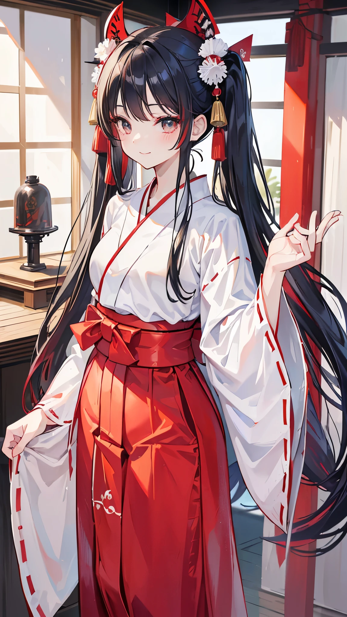 (masterpiece、Highest quality、Very detailed))、One girl、Black Hair、Long Hair、twintails、Grey Eyes、smile、Small breastiko、((White kimono))、((Red Hakama:1.3))、Cowboy Shot、shrine