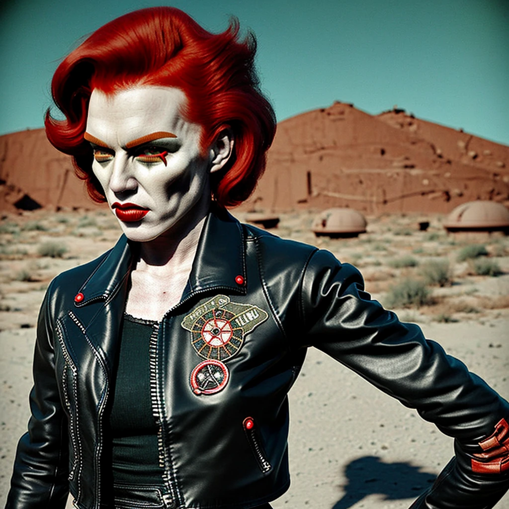 wasteland outlaw, red hair, black leather jacket, patches, retrofuturism, fallout, 50s