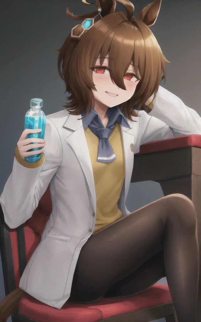 (masterpiece),(Highest quality),High resolution,(Very delicate and beautiful),(Very detailed), alone, Agent Tachyon \(umamusume\) Wearing an earring in one ear, Sleeves longer than the wrist, Collared shirt, Yellow sweater vest, Black Short Tie, Black pantyhose under a white open lab coat and vest with zipper. She is in a dark lab. She is sitting on a chair and holding a small bottle. Close your mouth and laugh softly, View your viewers,Do the splits,Shaved pussy,pussy