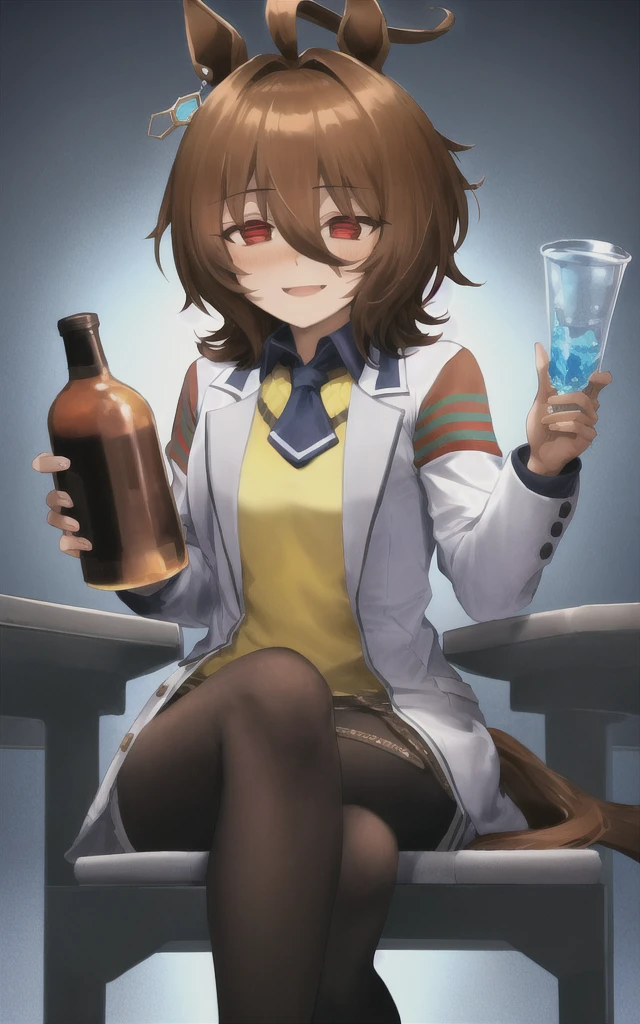 (masterpiece),(Highest quality),High resolution,(Very delicate and beautiful),(Very detailed), alone, Agent Tachyon \(umamusume\) Wearing an earring in one ear, Sleeves longer than the wrist, Collared shirt, Yellow sweater vest, Black Short Tie, Black pantyhose under a white open lab coat and vest with zipper. She is in a dark lab. She is sitting on a chair and holding a small bottle. Close your mouth and laugh softly,  View your viewers,Do the splits,Shaved pussy,pussy
