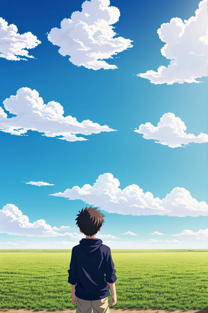 Boy admiring the sky on a large plain and a sky full of clouds in anime style