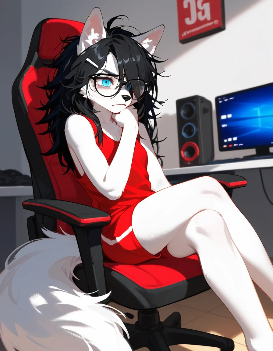 Solo, score_9,score_8_up,score_7_up, sierra, a young nerdy Anthro furry wolf woman, white furry body, tall, awkward, long black messy hair, hair covering one eye, long black hair, blue eyes, black glasses, small breasts, white wolf tail, wearing red tank top, bored expression, sitting on a gamer chair, legs crossed, 4 toes