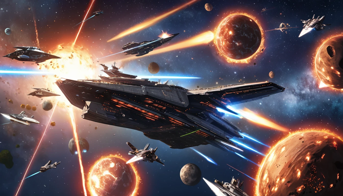 At the edge of the Milky Way galaxy, a space war erupts around the mysterious planet "Eye of the Stars". Various interstellar fleets gather and engage in fierce battles using advanced ships and tactics, Galaxy, edge, space war, starship, fleet, flagship, hyperspace, mystery planet, Star's Eye, rare resource, asteroid belt, nebula, natural barrier, strategic deployment, laser cannon, particle beam, death net, battlecruiser, main gun, energy ball, stealth attack ship, reconnaissance ship, intelligence gathering, electronic warfare, jamming, communication, high-speed interceptor, counterattack, super weapon, unknown force, energy wave, activation, ancient defense mechanism, cooperation, exploration, alliance