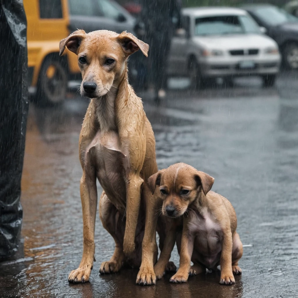 Create an image of a poor skinny mother dog, They look sad and unhappy. A Skinny puppy, and a  are huddled together in the rain. The background is so busy with traffic.