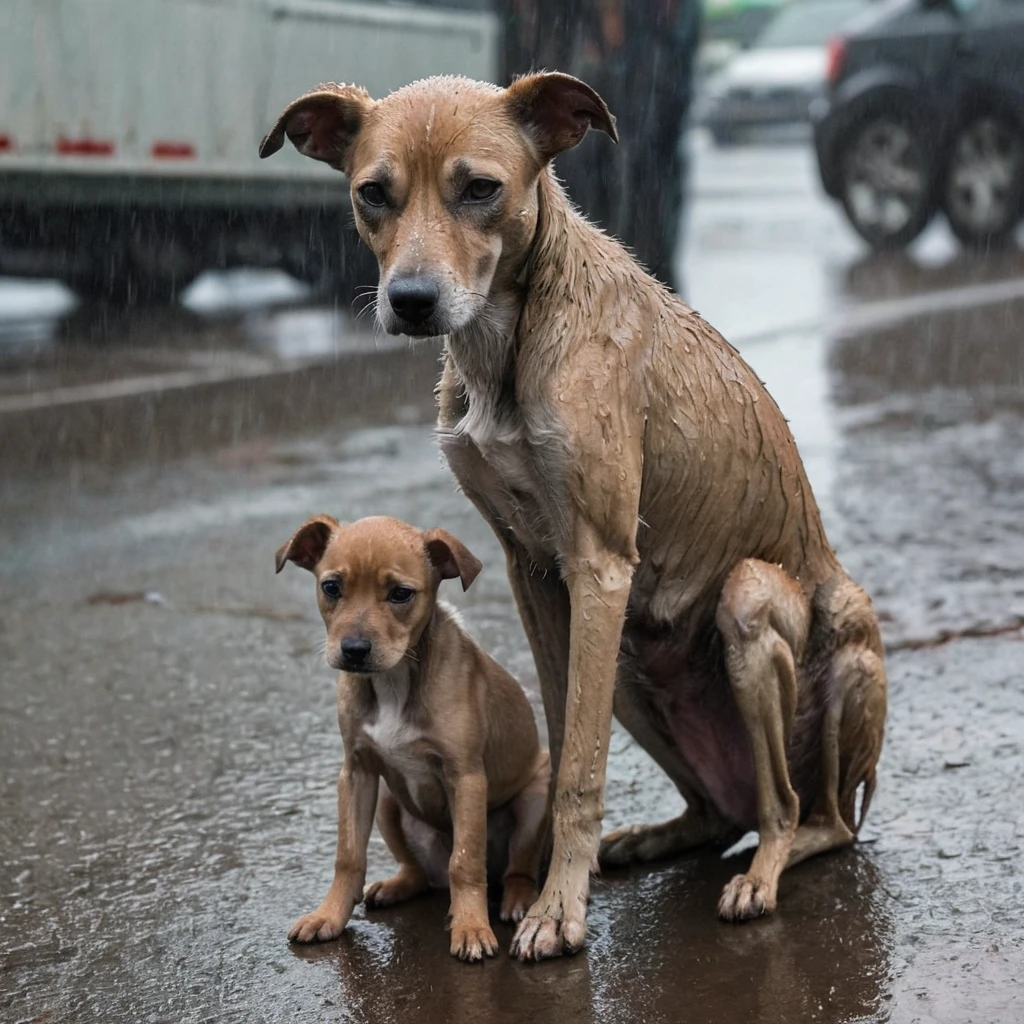 Create an image of a poor skinny mother dog, They look sad and unhappy. A Skinny puppy, and a baby are huddled together in the rain. The background is so busy with traffic.