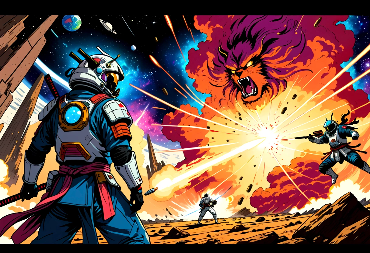 cosmic astronaut samurai, epic space battle, gritty, 1980s heavy metal style, space ships, blasts, explosions, sense of movement and energy, intense, too real, high tension, maximal, nuanced, expressive, rough-sketch