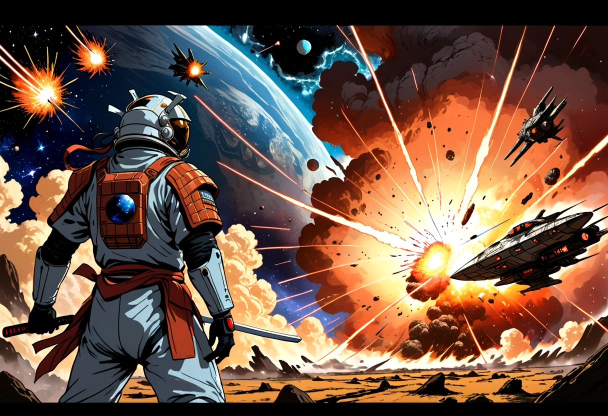 cosmic astronaut samurai, epic space battle, gritty, 1980s heavy metal style, space ships, blasts, explosions, sense of movement and energy, intense, too real, high tension, maximal, nuanced, expressive, rough-sketch