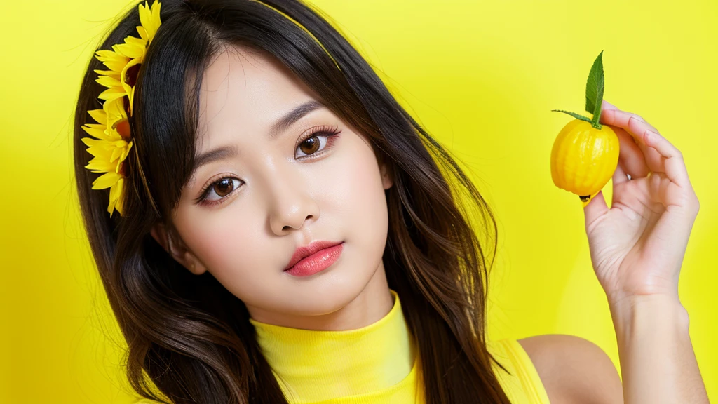 sunflower,(Detailed face),vivid,((Yellow Background)),cute,Sleeveless and(turtleneck)White silky clothes,4K ,Ultra-high resolution,(Photorealistic:1.7),Long black hair,