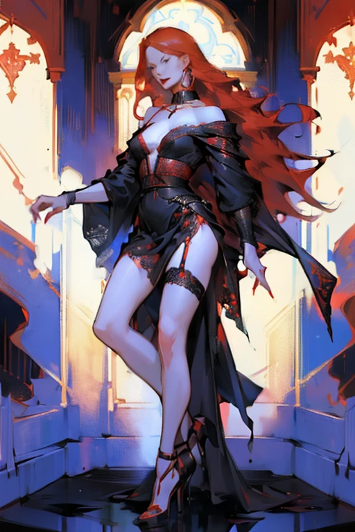 (full body:1.4), Tall, slender ((redhead)) woman of Irish descent. (pale:1.3)complexion. blue eyes, cute butt, nice legs. Kind eyes, naughty smile. red lipstick, choker. Sheer lace lingerie, (black stockings), stiletto heels. (Aroused).