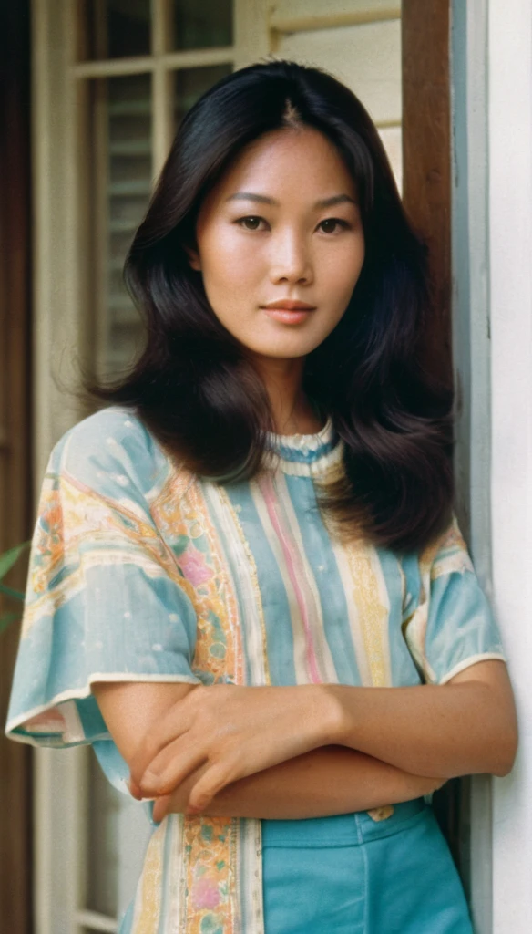 Photo of a beautiful asian woman in the 1970s, with her hair and clothing from the 1970s, the girl is standing at her house's porch, the woman is looking straight at the camera with a lost look and a slight smile, full color with a cinematographic lighting, high definition professional photography style ,photorealistic