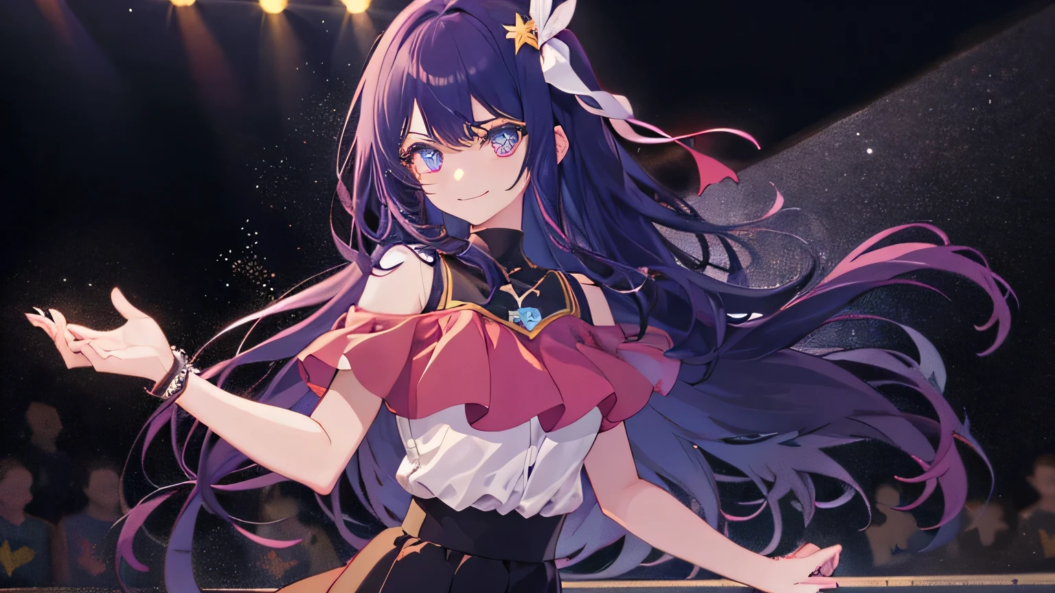 whole body、upright、A girl as the protagonist, hoshino ai, beautiful girl, Liquid Hair, Summer lightness, Exposed shoulders, lure, smile, fashion, Girly style, young Anime Girls, Anime Girls, Perfect Purple Girl, seductive Anime Girls, cute Anime Girls, pretty girl, Pink high-waisted skirt, Pink Skirt, delicate accessories, Surreal Girl, Anime Girls, Real Girl, (Lazy Girl, Looking at the audience, faint smile: 1.3), hair accessory, (Stars in my eyes), front, Fantasy, Mid-end and long-end, (colorful) (Highest quality: 1.2), Master Works, (High accuracy: 1.1), 8K resolution, (detailed), delicate, White Background, Noise Reduction, Complex details, ultra-detailed, very detailed, Complex, The finer details, CG, Fresh, Official Art