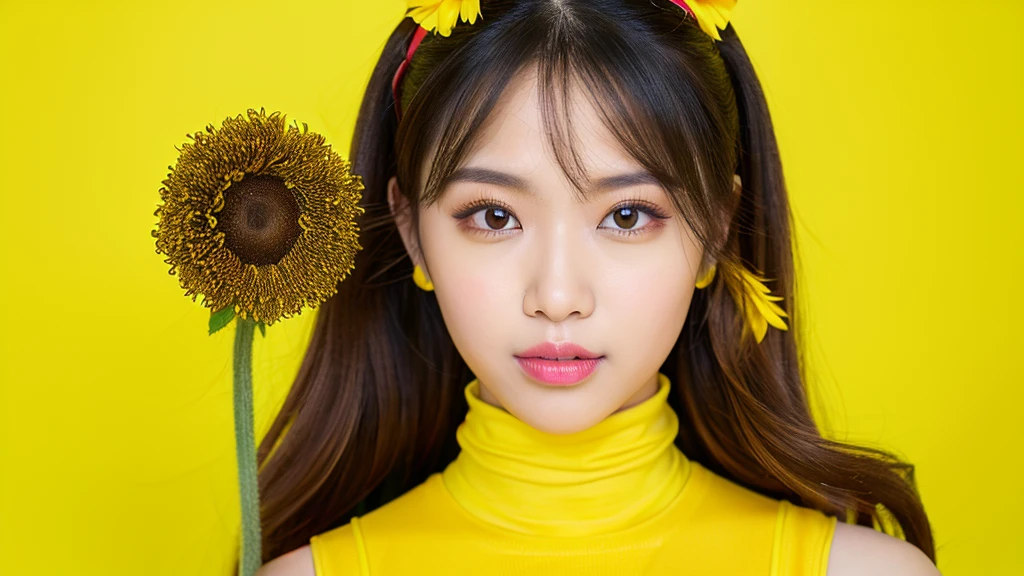 sunflower,(Detailed face),vivid,((Yellow Background)),cute,Sleeveless and(turtleneck)Yellow silky clothes,4K ,Ultra-high resolution,(Photorealistic:1.7),Long black hair,