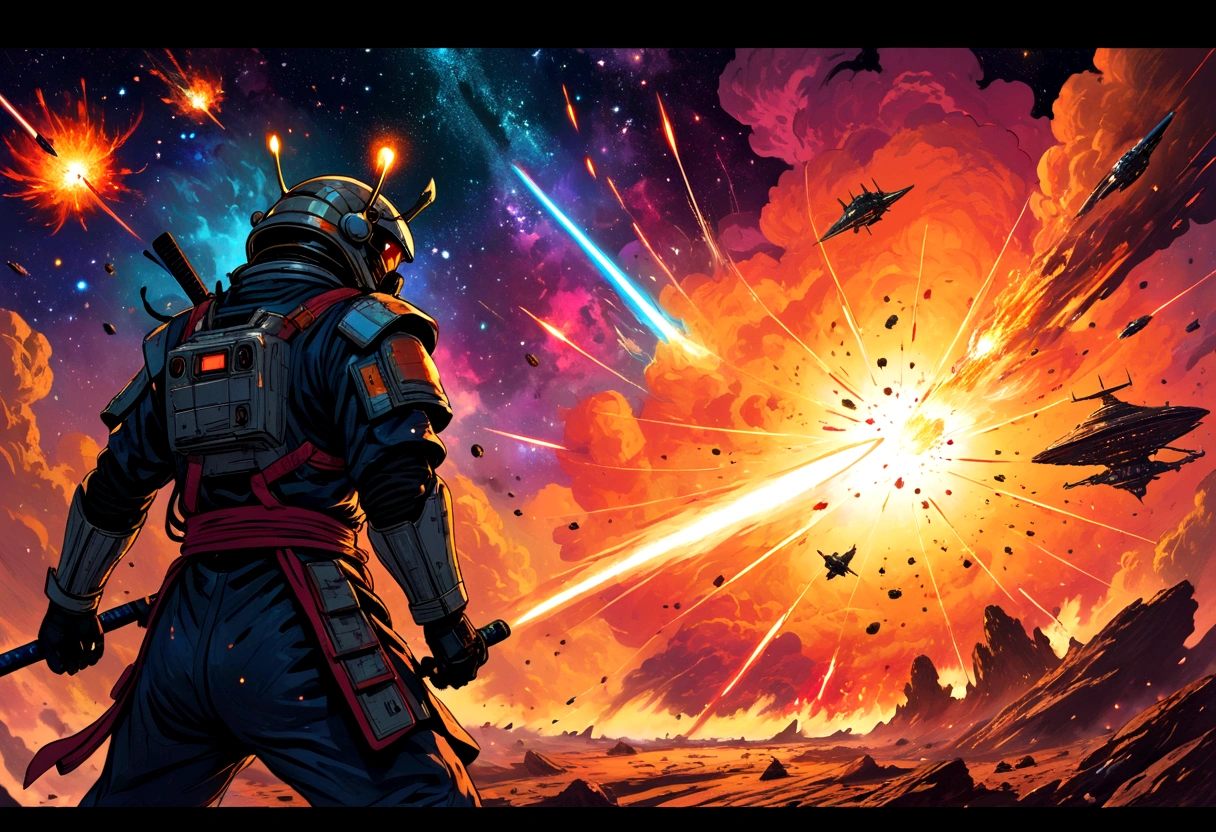 cosmic astronaut samurai, epic space battle, gritty, 1980s heavy metal style, space ships, blasts, explosions, sense of movement and energy, intense, too real, high tension, maximal, nuanced, expressive, rough-sketch