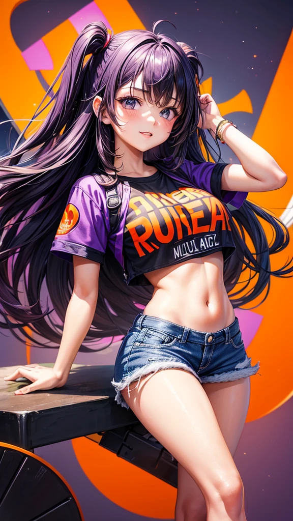 A 20-year-old girl who encourages fun, creativity and passion with orange and purple colors and that has letters that say: Ruizter.