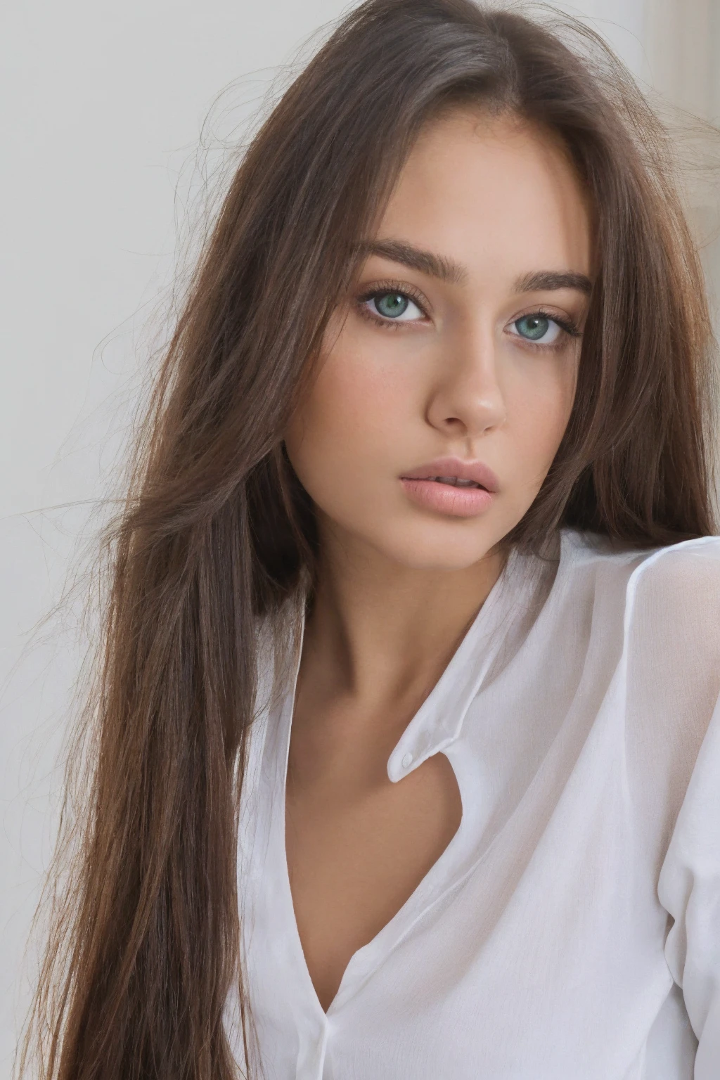 a close up of a woman with long hair and a white shirt, portrait sophie mudd, 18 years old, gorgeous young model, perfect face ), very pretty model, brown hair and large eyes, extremely beautiful face, gorgeous face, beautiful model, beautiful model girl, beautiful young girl, sexy girl with green eyes, angelina stroganova, very pretty face