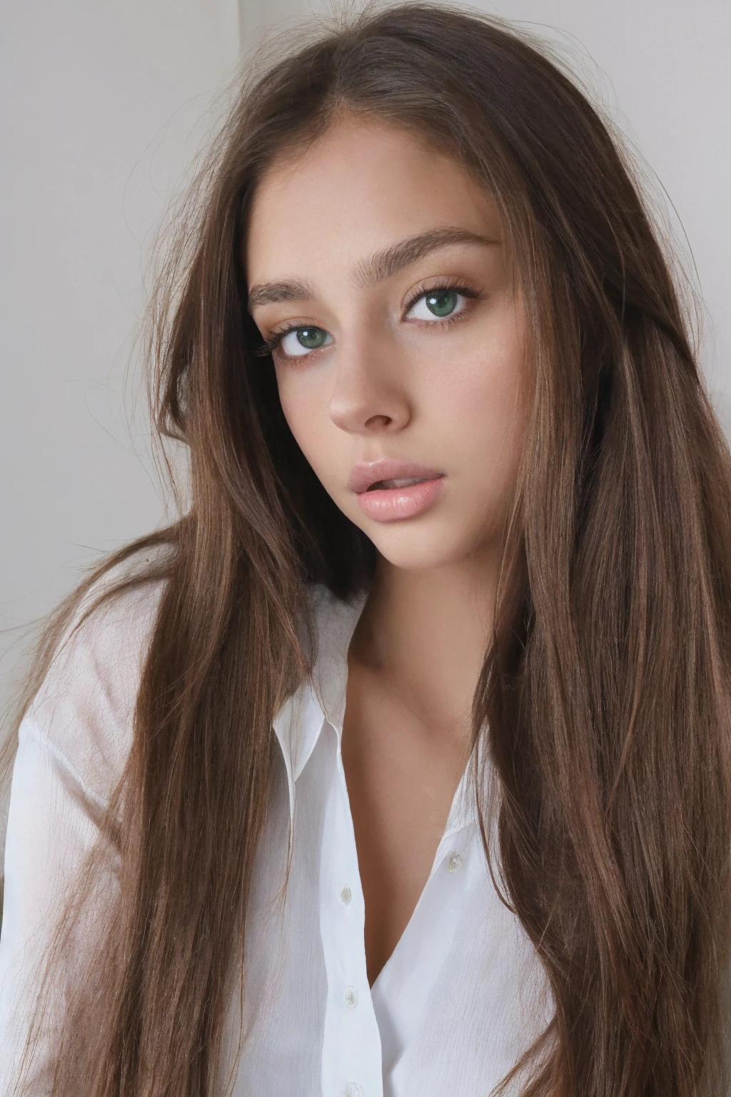 a close up of a woman with long hair and a white shirt, portrait sophie mudd, 18 years old, gorgeous young model, perfect face ), very pretty model, brown hair and large eyes, extremely beautiful face, gorgeous face, beautiful model, beautiful model girl, beautiful young girl, sexy girl with green eyes, angelina stroganova, very pretty face