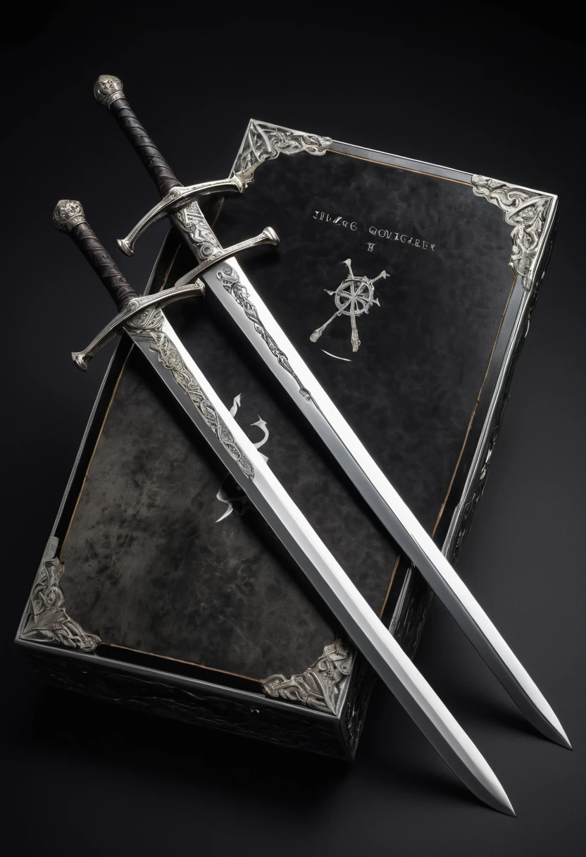 (((best qualityer, (((work of art))), Weapons to be included around a silver box, Two double-edged swords with one blade., black background with smooth gradient. in the center the name in a large silver box
