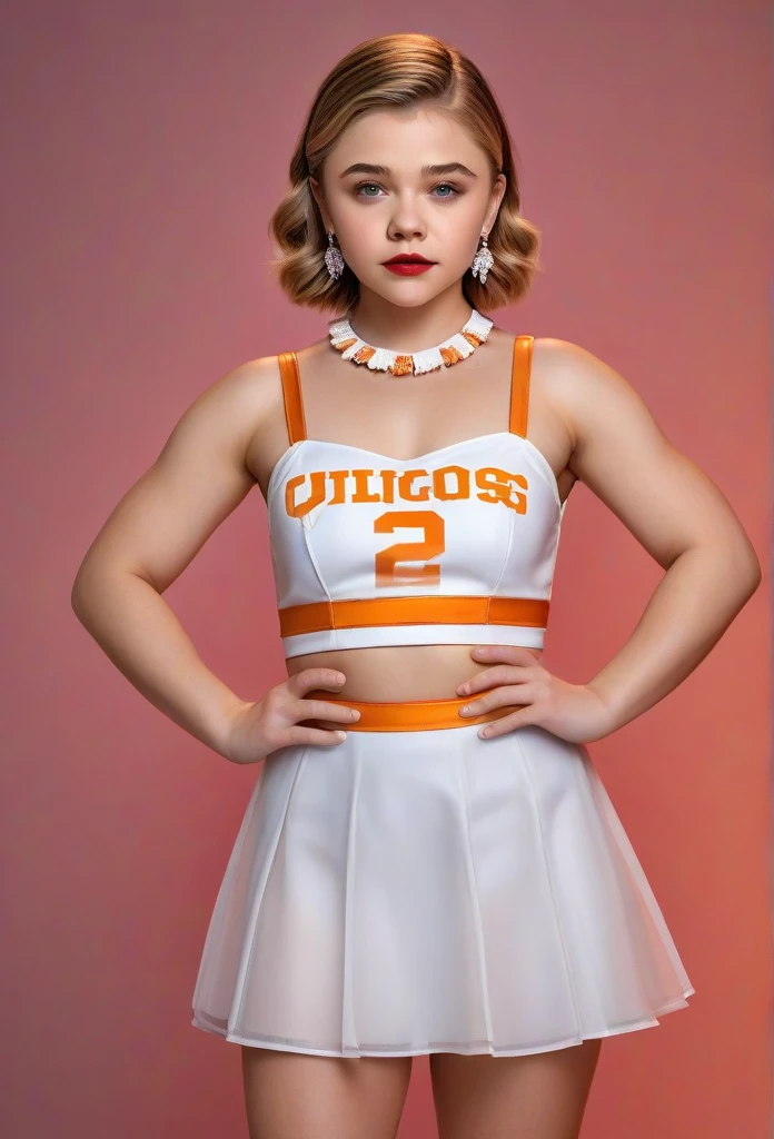 1girl, full length portrait, 9:16 aspect ratio, wide angle lens, Chloe Moretz, University of Tennessee cheerleader uniform, pleated minidress by Addidas, sheer shiny shimmering silky tan pantyhose by L'eggs, 5 inch white high heeled pumps by Louis Vuitton, holding pompoms, studio photo shoot, red lipstick, long dangling earrings, hair in pigtails, glamor photo shoot, detailed face, beautiful detailed eyes, beautiful detailed lips, extremely detailed eyes and face, long eyelashes, (best quality,4k,8k,highres,masterpiece:1.2),ultra-detailed,(realistic,photorealistic,photo-realistic:1.37),HDR,UHD,studio lighting,ultra-fine painting,sharp focus,physically-based rendering,extreme detail description,professional,vivid colors,bokeh