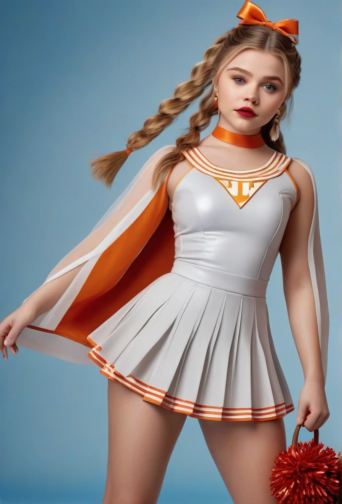 1girl, full length portrait, 9:16 aspect ratio, wide angle lens, Chloe Moretz, University of Tennessee cheerleader uniform, pleated minidress by Addidas, sheer shiny shimmering silky tan pantyhose by L'eggs, 5 inch white high heeled pumps by Louis Vuitton, holding pompoms, studio photo shoot, red lipstick, long dangling earrings, hair in pigtails, glamor photo shoot, detailed face, beautiful detailed eyes, beautiful detailed lips, extremely detailed eyes and face, long eyelashes, (best quality,4k,8k,highres,masterpiece:1.2),ultra-detailed,(realistic,photorealistic,photo-realistic:1.37),HDR,UHD,studio lighting,ultra-fine painting,sharp focus,physically-based rendering,extreme detail description,professional,vivid colors,bokeh