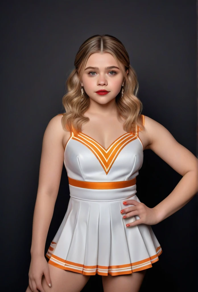1girl, full length portrait, 9:16 aspect ratio, wide angle lens, Chloe Moretz, University of Tennessee cheerleader uniform, pleated minidress by Addidas, sheer shiny shimmering silky tan pantyhose by L'eggs, 5 inch white high heeled pumps by Louis Vuitton, holding pompoms, studio photo shoot, red lipstick, long dangling earrings, hair in pigtails, glamor photo shoot, detailed face, beautiful detailed eyes, beautiful detailed lips, extremely detailed eyes and face, long eyelashes, (best quality,4k,8k,highres,masterpiece:1.2),ultra-detailed,(realistic,photorealistic,photo-realistic:1.37),HDR,UHD,studio lighting,ultra-fine painting,sharp focus,physically-based rendering,extreme detail description,professional,vivid colors,bokeh