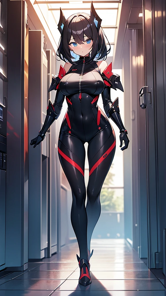 (Highly detailed CG Unity 8k wallpaper,masterpiece, Biological, whole body),(Best lighting, Best Shadow, Very delicate and beautiful),(One girl),blue eyes, Big Breasts, Black Hair,Red and black off-the-shoulder SF bodysuit,Neck Seal,High-tech sci-fi corridor, Dynamic pose, Detailed Machinery, Sleek design., {{An extraterrestrial lifeform preys on girls and takes their place、Her breasts are bigger than a real girl's}}, Unknown sensation, Feels good, Vigorous movement, more, instinct, Female fall, Bouncing chest, loose, loose, I put the bones of the girls I preyed on in my locker., NSFW