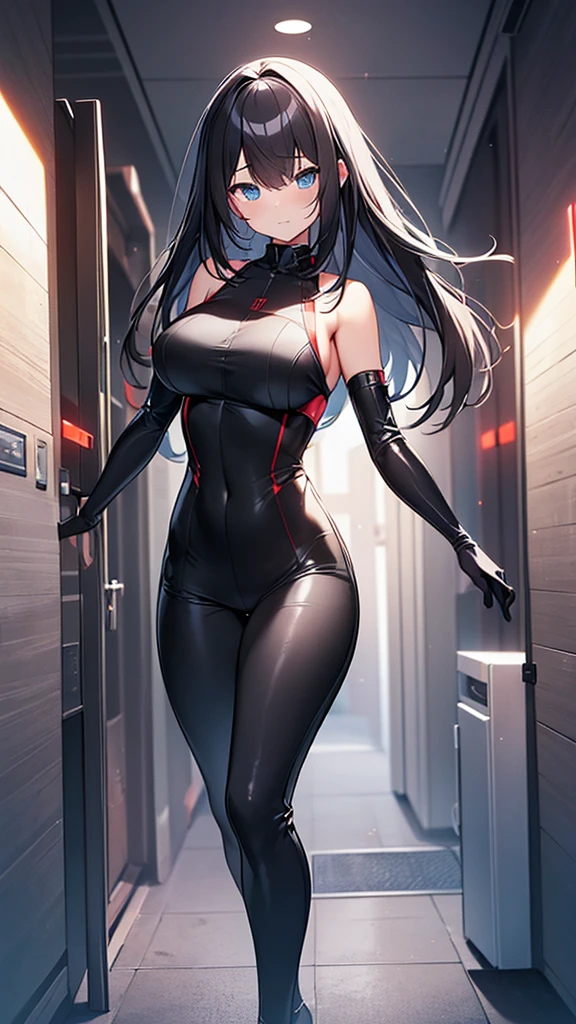 (Highly detailed CG Unity 8k wallpaper,masterpiece, Biological, whole body),(Best lighting, Best Shadow, Very delicate and beautiful),(One girl),blue eyes, Big Breasts, Black Hair,Red and black off-the-shoulder SF bodysuit,Neck Seal,High-tech sci-fi corridor, Dynamic pose, Detailed Machinery, Sleek design., {{An extraterrestrial lifeform preys on girls and takes their place、Her breasts are bigger than a real girl's}}, Unknown sensation, Feels good, Vigorous movement, more, instinct, Female fall, Bouncing chest, loose, loose, I put the bones of the girls I preyed on in my locker., NSFW