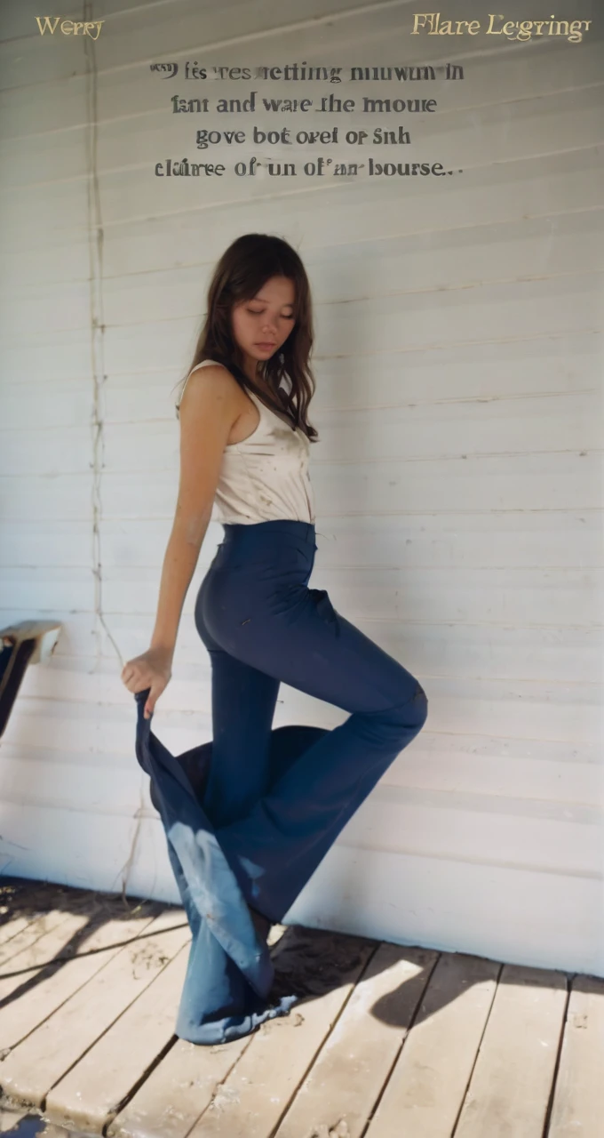70s setting, film photo of girl in [muddy, dirty]  worn-out high waisted flare leggings pants and blouse drowning in bog, flares