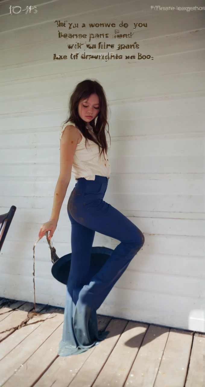 70s setting, film photo of girl in [muddy, dirty]  worn-out high waisted flare leggings pants and blouse drowning in bog, flares