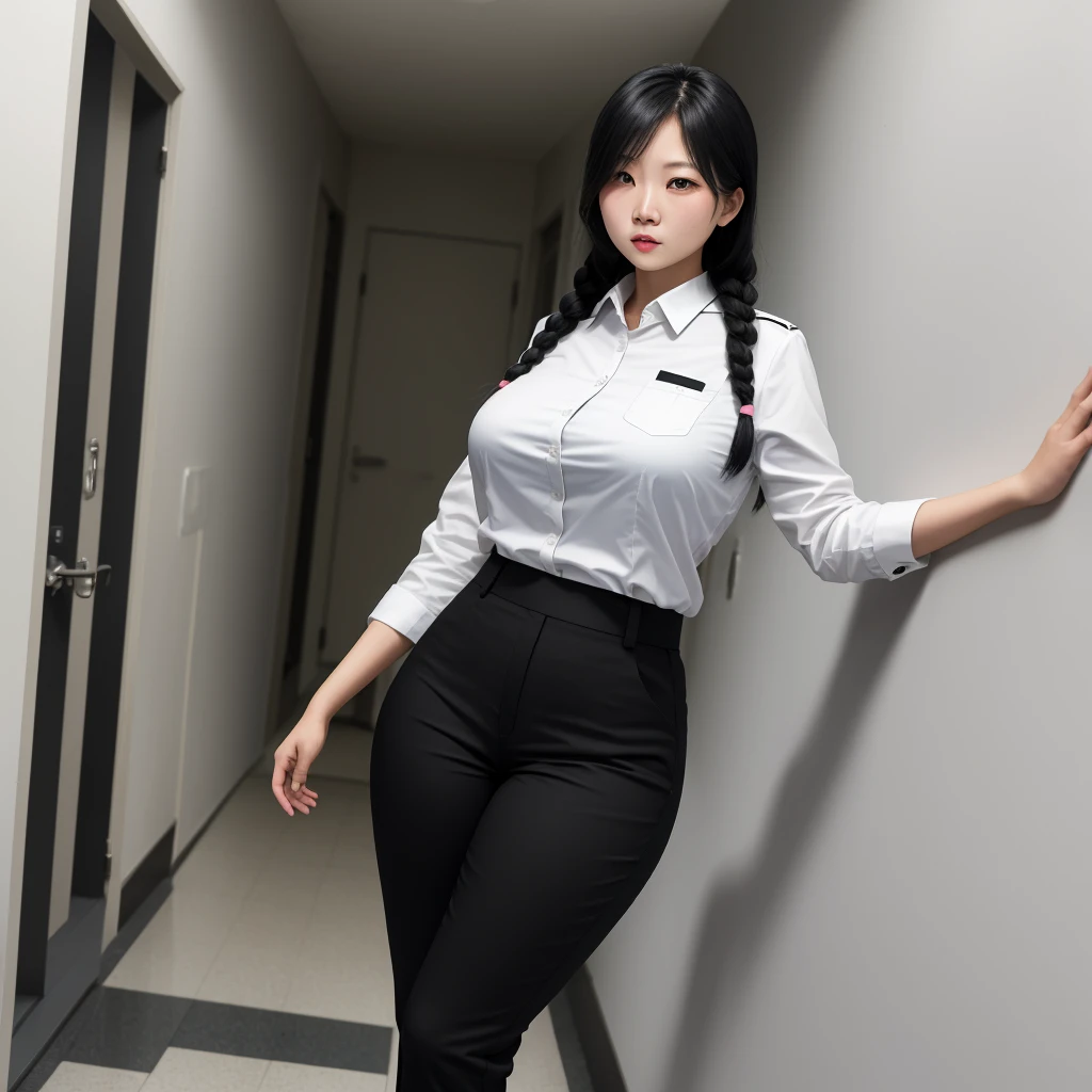 Asian woman with pale skin, blushing, wearing a uniform white shirt and black pants, black tie, Standing in hallway, braided black hair, skinny, huge breasts and wide hips.