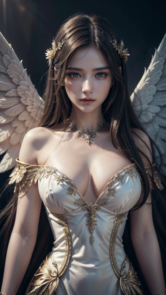 A female angel, extremely detailed, photorealistic, 8K, ((masterpiece)), detailed facial features, beautiful eyes, long lashes, elegant expression, intricate wings, glowing aura, flowing hair, delicate skin, detailed clothing, fabric texture, dramatic lighting, cinematic composition, vibrant colors, fantasy, digital art
