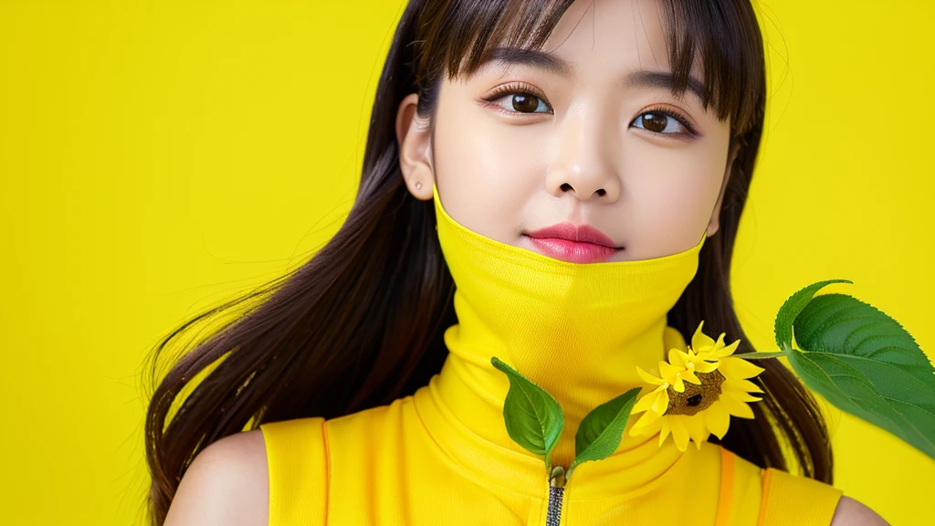 (sunflower),(Detailed face),vivid,((Yellow Background)),cute,Sleeveless and(turtleneck)Yellow silky clothes,4K ,Ultra-high resolution,(Photorealistic：1.7),Long black hair,