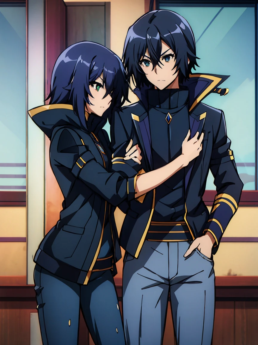 Couple, 1 girl 1 boy, different hair color, long aqua blue hair (Kurokami medaka), wavy hair, no bangs, grey eyes. Pullover and jeans. Short black hair, wavy hair and (green eyes) , black t shirt and jeans, height different, detailed eyes, face, hand. The look at the viewer. They hug. They are near pine trees with snow. Full figure. Background snow forest