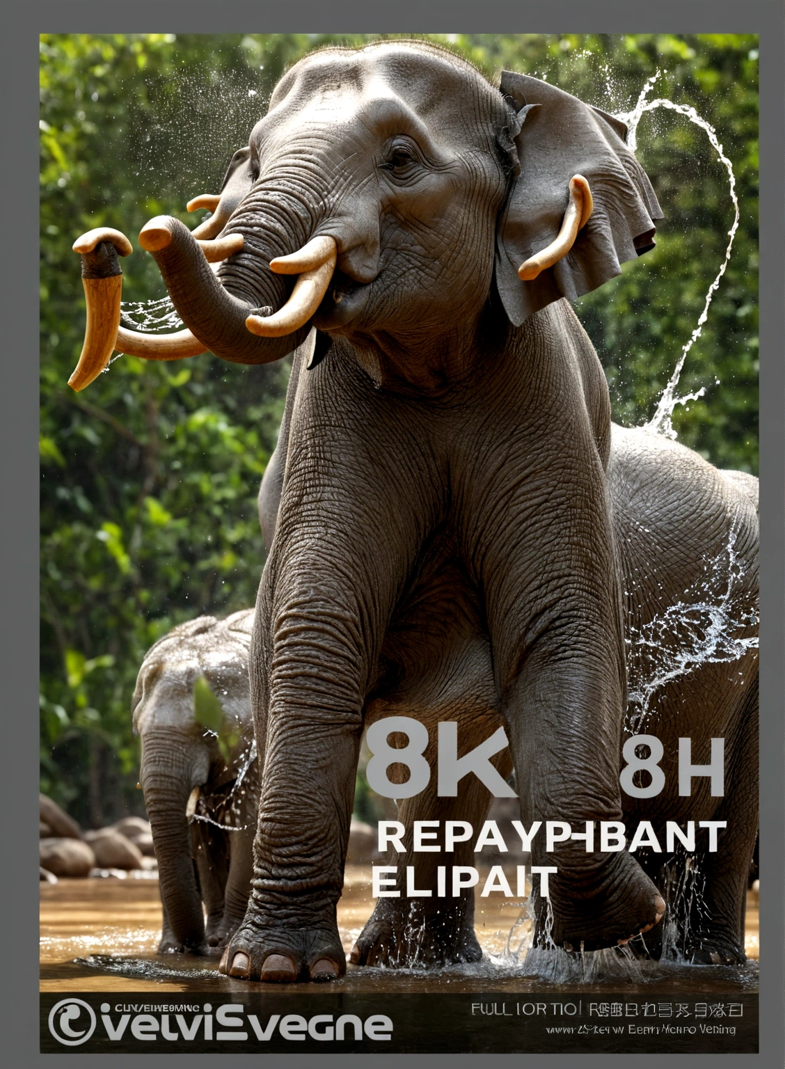 8K,Realistic elephant、Super huge elephant、A powerful elephant
、Surreal elephant photo、Water splashes、