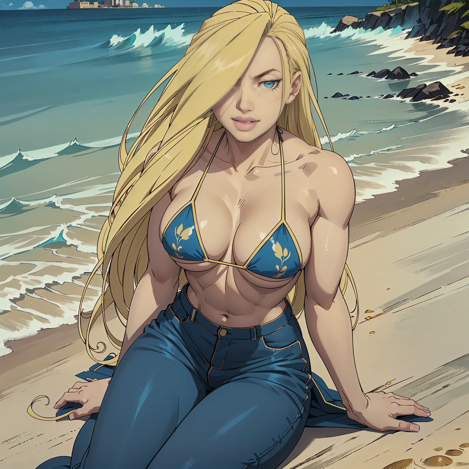 OMA, ((long blonde hair, bng, glowing blue eyes, lipstick,full lips, makeup, narrow waist, skinny, medium breasts, alone)), pelvic curtain, ((blue bikini)), full body, perfect body, (insanely detailed, beautiful detailed face, masterpiece, best quality) , (((solo))), (((1girl))), (((mature))), (extremely detailed 8k paper CG wall unit: 1.1), (beach, sand, ocean dusk), (smile face for the viewer), sitting Beach sarong