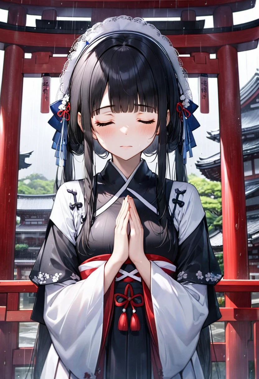 (Memorial ,style) (Pressing palms together in prayer) (in a Mourning Maiden Costume), break, (solo:2 15 yo, blunt bangs:1.2 black hair long hair shrine maiden girl, sad closed eyes, tears of eyes), (praying to Grandmother), in the Dazaifu Tenmangu Shrine Memorial Tower, background rainy sky, BREAK, perfect ???????, masterpiece, best quality, 16k, beautiful detailed rainy, daydreaming expression.