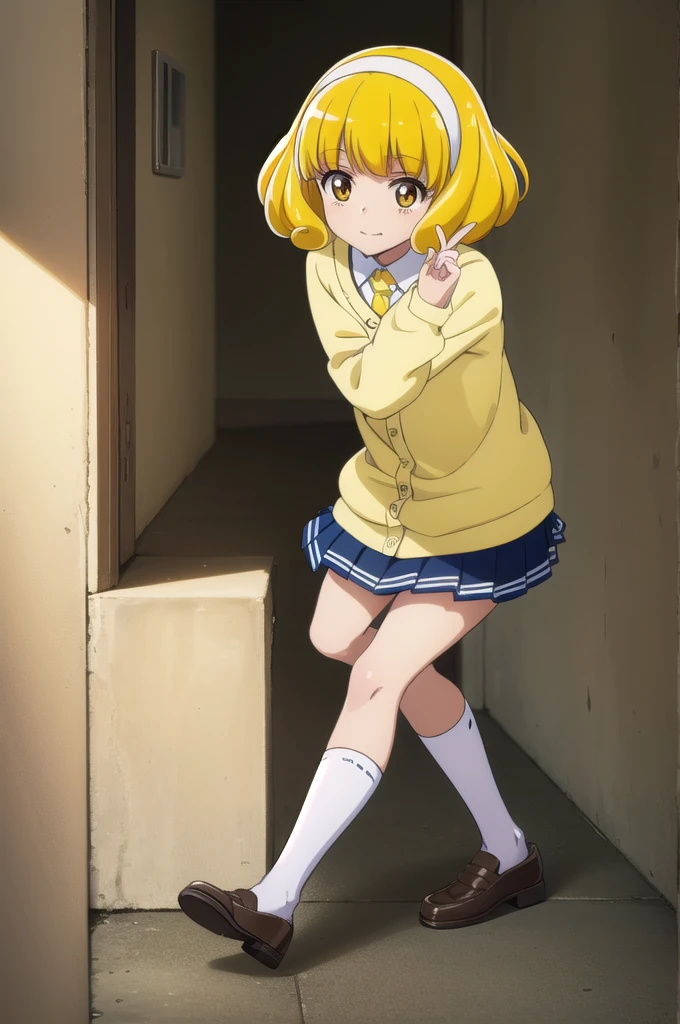 yayoikise, yayoi kise, short hair, blonde hair, (yellow eyes:1.3), hairband, white hairband, smile,
BREAK skirt, school uniform, socks, cardigan, nanairogaoka middle , yellow cardigan, pleated skirt, blue skirt,
BREAK indoors,classroom,
BREAK looking at viewer, dynamic pose,
BREAK (masterpiece:1.2), best quality, high resolution, unity 8k wallpaper, (illustration:0.8), (beautiful detailed eyes:1.6), extremely detailed face, perfect lighting, extremely detailed CG, (perfect hands, perfect anatomy),