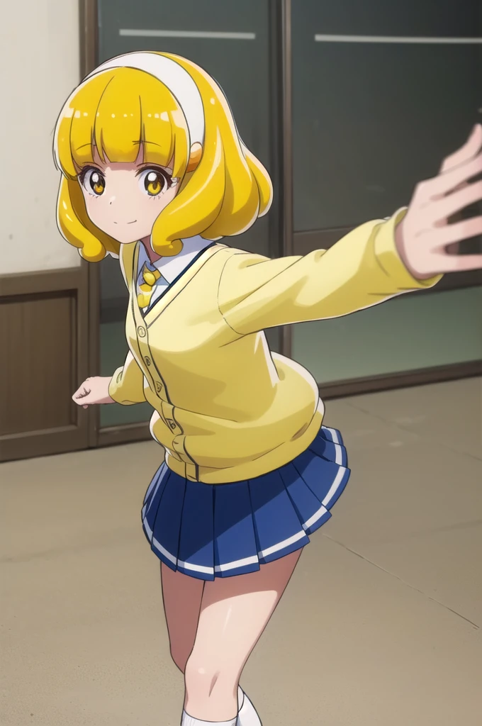 yayoikise, yayoi kise, short hair, blonde hair, (yellow eyes:1.3), hairband, white hairband, smile,
BREAK skirt, school uniform, socks, cardigan, nanairogaoka middle , yellow cardigan, pleated skirt, blue skirt,
BREAK indoors,classroom,
BREAK looking at viewer, dynamic pose,
BREAK (masterpiece:1.2), best quality, high resolution, unity 8k wallpaper, (illustration:0.8), (beautiful detailed eyes:1.6), extremely detailed face, perfect lighting, extremely detailed CG, (perfect hands, perfect anatomy),