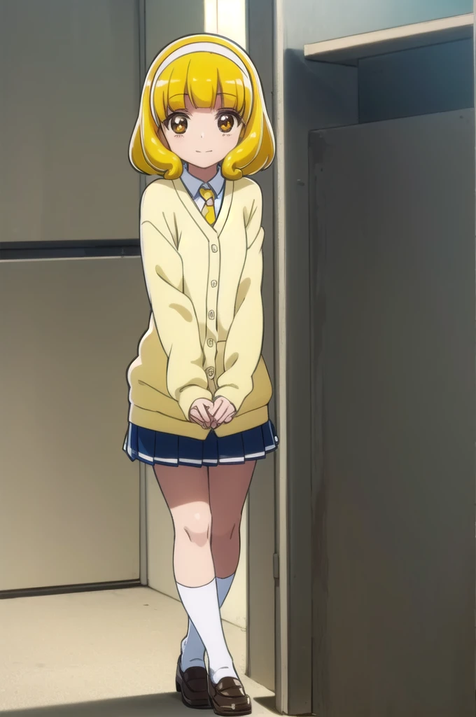 yayoikise, yayoi kise, short hair, blonde hair, (yellow eyes:1.3), hairband, white hairband, smile,
BREAK skirt, school uniform, socks, cardigan, nanairogaoka middle , yellow cardigan, pleated skirt, blue skirt,
BREAK indoors,classroom,
BREAK looking at viewer, dynamic pose,
BREAK (masterpiece:1.2), best quality, high resolution, unity 8k wallpaper, (illustration:0.8), (beautiful detailed eyes:1.6), extremely detailed face, perfect lighting, extremely detailed CG, (perfect hands, perfect anatomy),