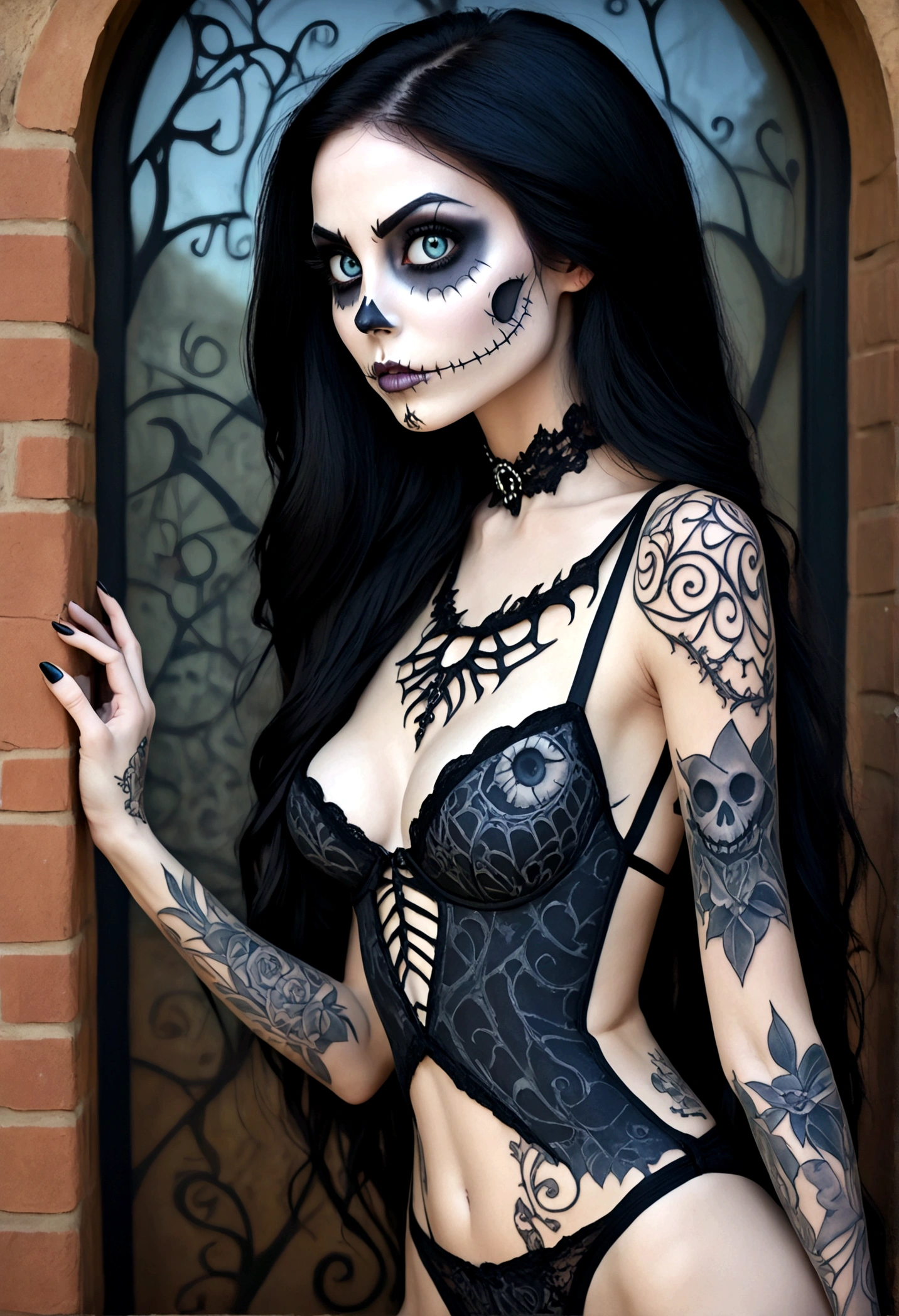 Create a hyper detailed photograph of a jack Skellington tattoos young stunning gorgeous sexy sally Skellington, Stunningly perfect gorgeous face, perfect makeup, detailed vibrant eyes, long black hair,detailed perfect beautiful legs, detailed perfect beautiful arms, realistic torso, detailed pale silky smooth skin, detaile perky breast, perfect round ass, transparent strappy lace lingerie, facing backwards looking forward,