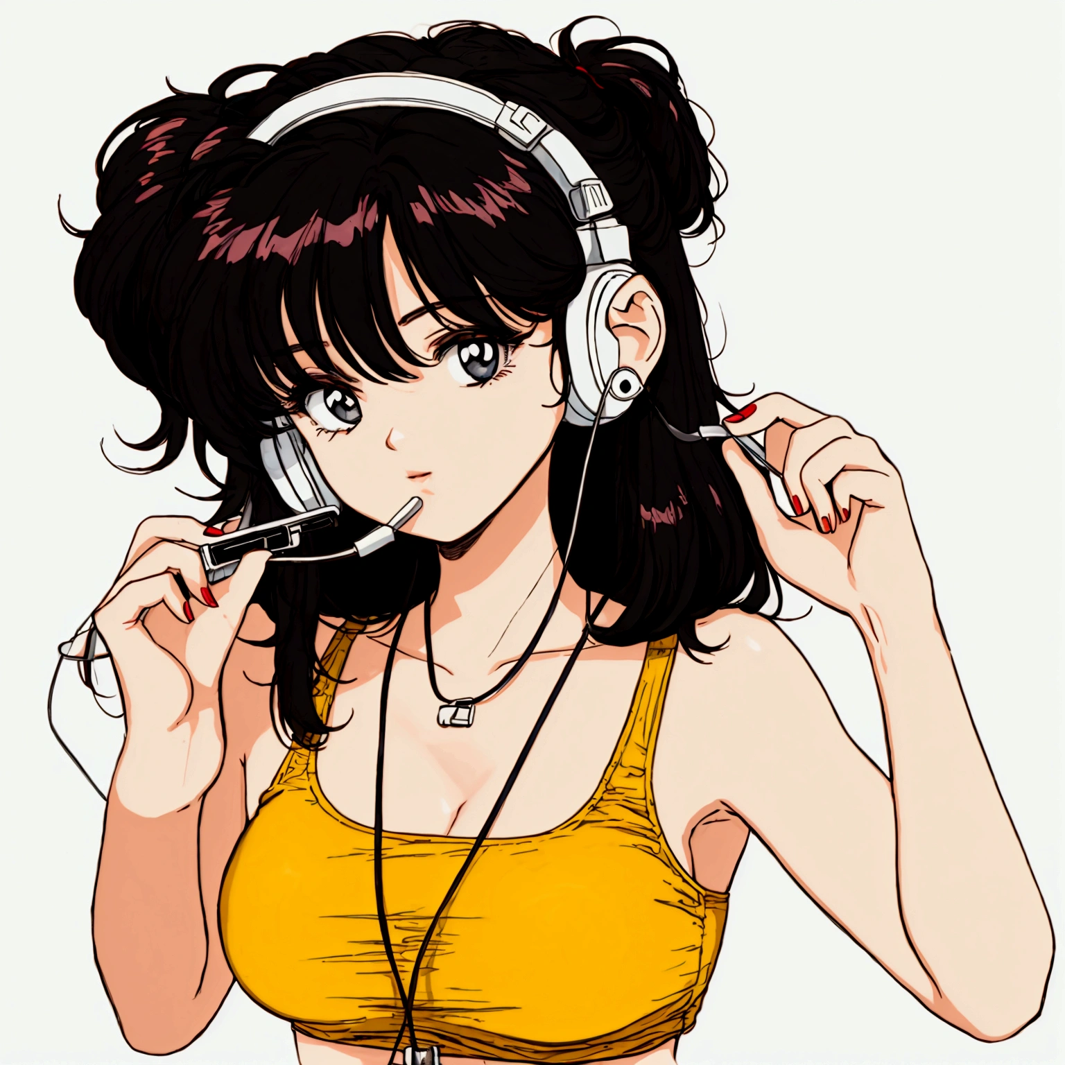 an anime girl, 80s style with an angry telemarketing headset