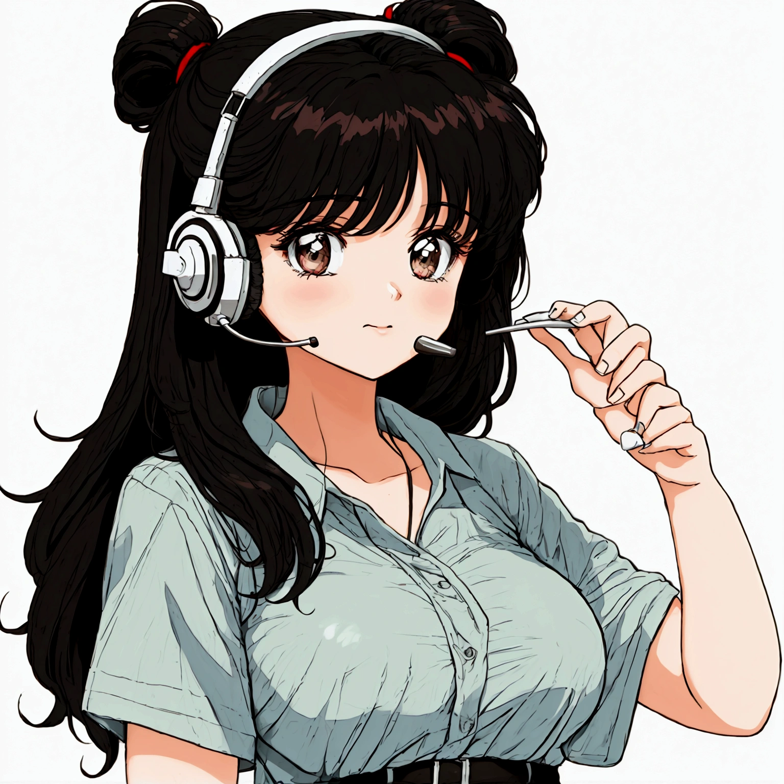 an anime girl, 80s style with an angry telemarketing headset