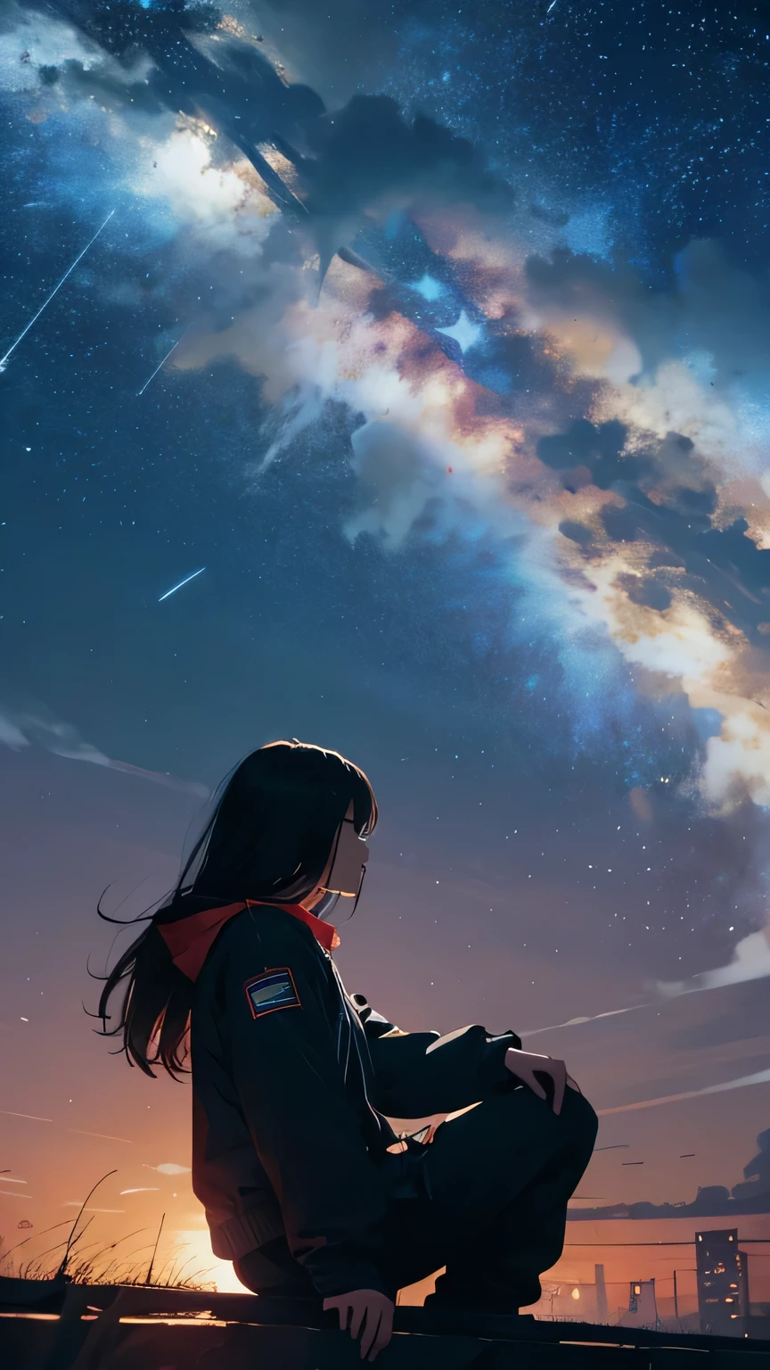 Octane, null, star (null), scenery, starry null, night, One girl, night null, alone, Outdoor, building, cloud, milky way, Sitting, wood, Long Hair, city, silhouette, cityscape