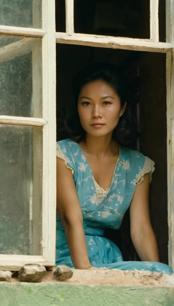 Long shot photo, very low angle shot, A shot taken from (((outside the window))) of a beautiful young asian woman in the 1970s, with her hair and clothing from the 1970s, the woman is sitting inside a humble 1970s asian kitchen looking out through the window, the glass of the window is somewhat tarnished and dirty at the edges, the woman is looking straight at the camera with a lost look and a slight smile, (((the shot was taken from the outside of the house))), full color with a cinematographic lighting, high definition professional photography style ,photorealistic