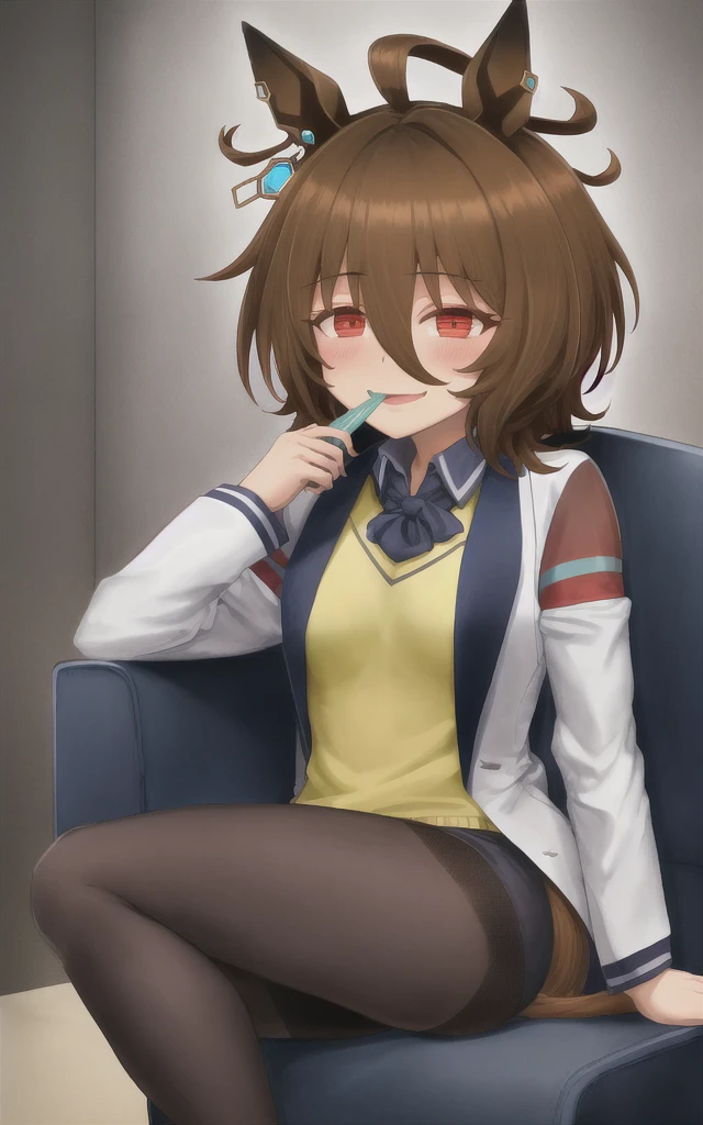 (masterpiece),(Highest quality),High resolution,(Very delicate and beautiful),(Very detailed), alone, Agent Tachyon \(umamusume\) Wearing an earring in one ear, Sleeves longer than the wrist, Collared shirt, Yellow sweater vest, Black Short Tie, Black pantyhose under a white open lab coat and vest with zipper. She is in a dark lab. She is sitting on a chair and holding a small bottle. Close your mouth and laugh softly,  View your viewers,Do the splits,パイパンPussy,pussy,Pussy,Crotch

