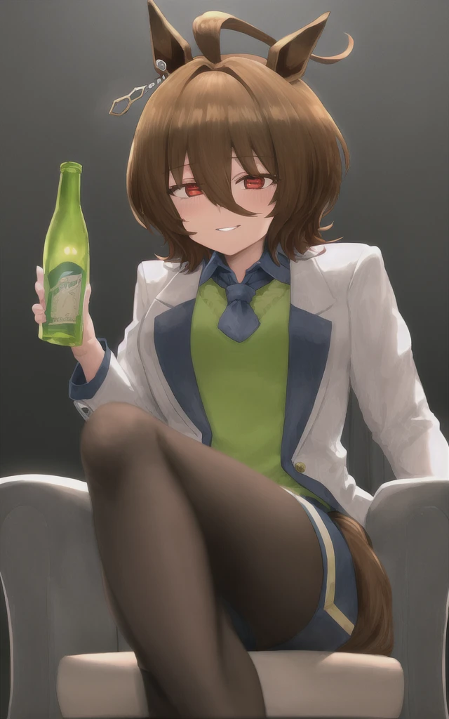(masterpiece),(Highest quality),High resolution,(Very delicate and beautiful),(Very detailed), alone, Agent Tachyon \(umamusume\) Wearing an earring in one ear, Sleeves longer than the wrist, Collared shirt, Yellow sweater vest, Black Short Tie, Black pantyhose under a white open lab coat and vest with zipper. She is in a dark lab. She is sitting on a chair and holding a small bottle. Close your mouth and laugh softly, View your viewers,Do the splits,パイパンPussy,pussy,Pussy,Crotch